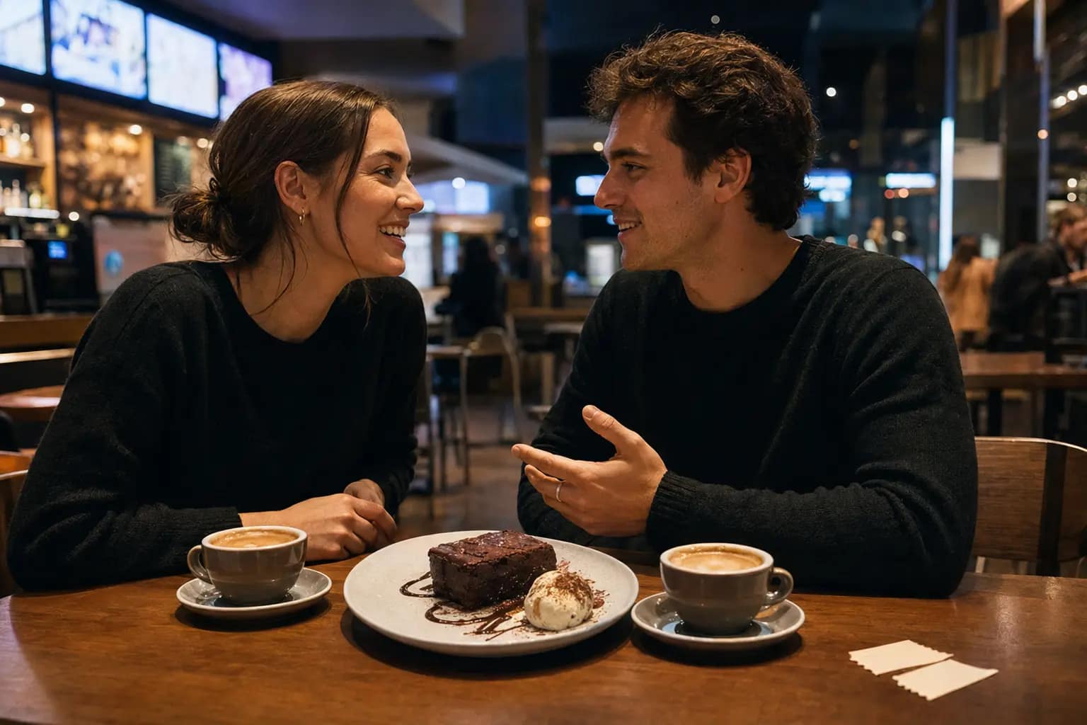 Couple enjoying dessert and coffee after a movie at Event Cinemas Marion