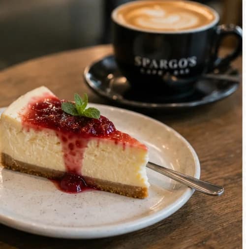 Coffee and cheesecake dessert at Spargo's Café + Bar Westfield Marion