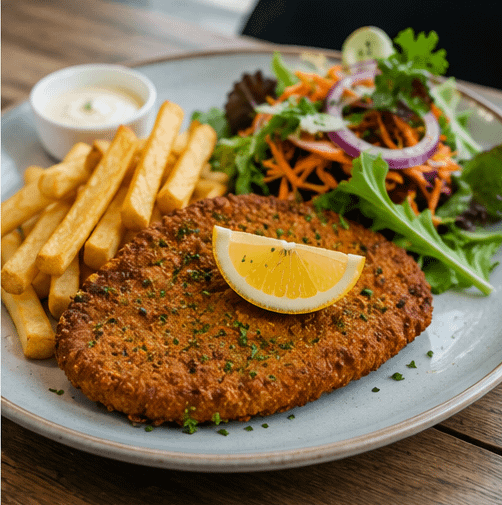 Plant-based schnitzel with salad for vegan dining in Oaklands Park