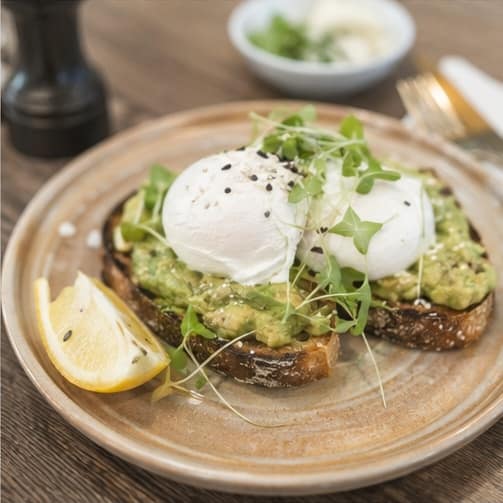 Avocado toast topped with poached eggs and fresh greens served at Spargo's Cafe + Bar in South Australia