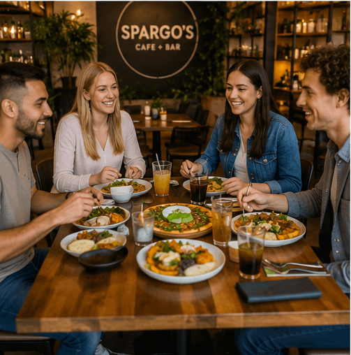 Friends enjoying vegan dining at a cafe in Oaklands Park