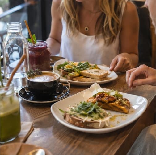 Friends enjoying a relaxed brunch with coffee, fresh food and drinks at a cafe in South Australia