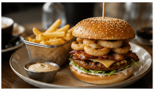 Best Burger with fries at Spargo's, Restaurant Westfield Marion. Features onion rings, bacon, and cheese.