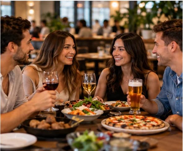 Friends enjoying pizza, drinks and dinner before a movie in Adelaide