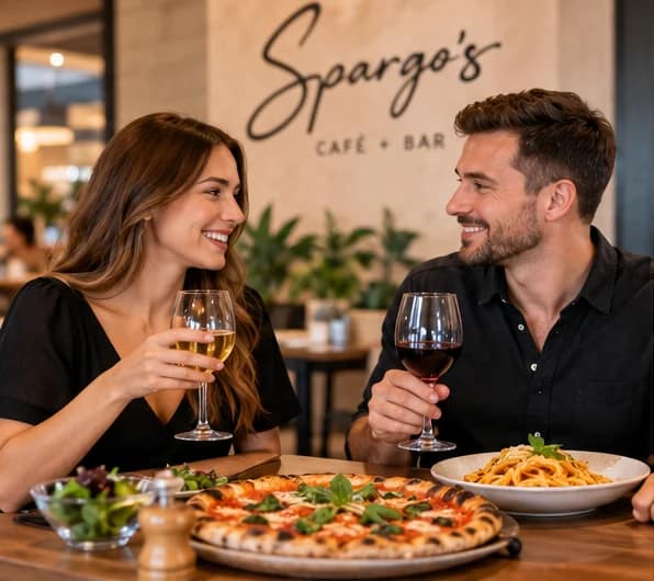 Couple enjoying dining at Spargo's Café + Bar before a movie in Adelaide
